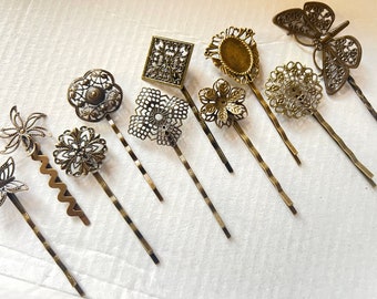 Ship from USA....10 pcs Filigree Bobby Pin Blanks,,,Antique Bronze Flower Hair Pins , Hair Clip , perfect for resin cabochon.