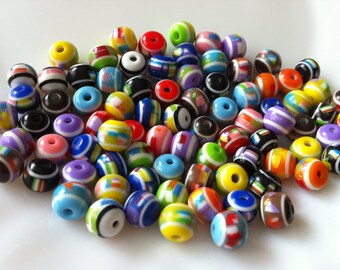 100 pcs 8 mm Mixed Striped Resin  Beads, mixed Round Bead , mixed Acrylic Bead, Resin Bead,BubbleGum  Bead,  perfect for necklace