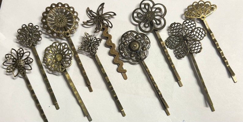 mixed 10 pcs Filigree Bobby Pin Blanks,Antique Bronze Flower Hair Pins,brass hair clip,Hair Clip,mixed hair slide,brass hair pin,hair pin zdjęcie 4