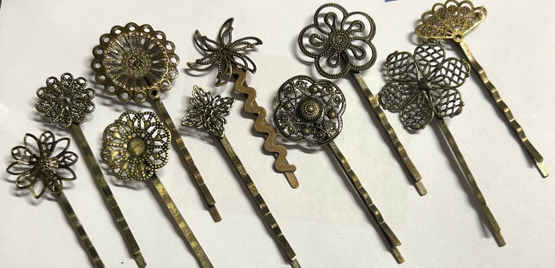 mixed 10 pcs Filigree Bobby Pin Blanks,Antique Bronze Flower Hair Pins,brass hair clip,Hair Clip,mixed hair slide,brass hair pin,hair pin zdjęcie 3