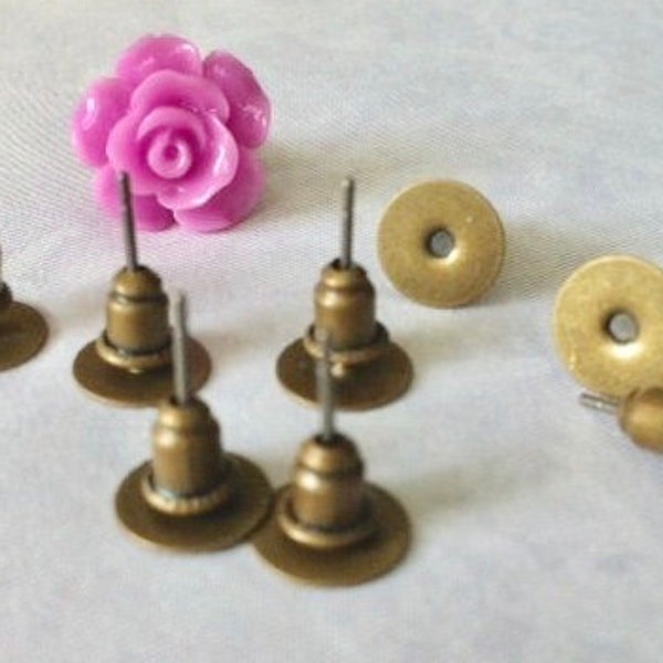 Ship from USA....80 pcs Earring Post Blank with back,, 80 Ear nuts , Antique bronze , 8 mm glue pad, Great for resin cabochon flower,