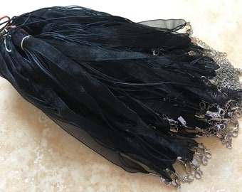 10 pcs Black Organza Ribbon Waxed Cotton Cord Necklace,black waxed cord necklace,black cord,black ribbon necklace,black ribbon cord