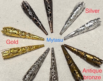 50 stuks lange kegelkralen, zilver, goud, antiek brons (8 x 42 mm)