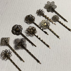 mixed 10 pcs Filigree Bobby Pin Blanks,,,Antique Bronze Flower Hair Pins , brass hair clip ,Hair Clip , perfect for resin cabochon.