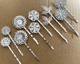 Filigree Flower Bobby Pins: Antique Silver Hair Clip Blanks (10 pcs)