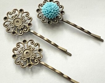 10 Antique Bronze Filigree Bobby Pin Blanks: 25mm Tray