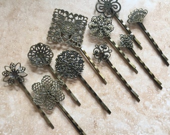 mixed 10 pcs Filigree Bobby Pin Blanks,,,Antique Bronze Flower Hair Pins , brass hair clip ,Hair Clip , perfect for resin cabochon.