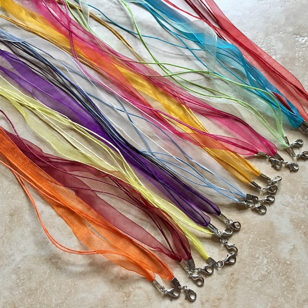 20 pcs 10 colors mixed Organza Ribbon Waxed Cotton Cord Necklace,mixed ribbon,mixed waxed cord necklace,mixed cord,assorted ribbon necklace