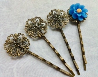 Ship from USA....6 pcs Filigree Bobby Pin Blanks,,,Antique Bronze Flower Hair Pins , Hair Clip , perfect for resin cabochon.