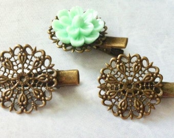 6 pcs Filigree Bobby Pin Blanks,,,Antique Bronze Flower Hair Pins , Hair Clip , perfect for resin cabochon.