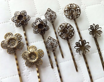 mixed 10 pcs Filigree Bobby Pin Blanks,,,Antique Bronze Flower Hair Pins , brass hair clip ,Hair Clip , perfect for resin cabochon.