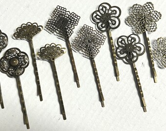 mixed 10 pcs Filigree Bobby Pin Blanks, Antique Bronze Flower Hair Pins ,brass hair clip, hair slides, hair Clip,perfect for resin cabochon.