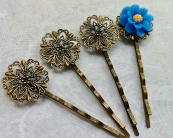 Antique Bronze Flower Filigree Bobby Pins - 10 pcs