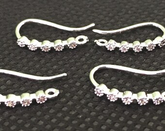 4 pcs Brass Cubic Zirconia earring hooks,platinum color,rhinestone earring hook,Platinum ear wire,platinum finding,cubic zirconia ear wire