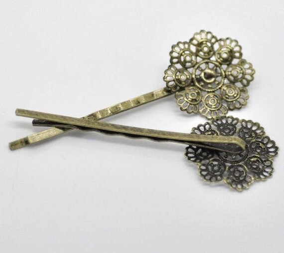 10 Piezas De Pelo Bobby Pin encontrar Filigrana Flor de cabujón de configuración de Plata Antigua