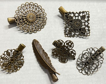 Mixed 6 pcs Filigree Hair Blanks,hair slide,hair clip,hair blank, Antique Bronze Flower Hair Pins , Hair Clip , perfect for resin cabochon.