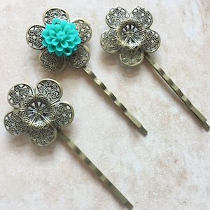 10 pcs Filigree Bobby Pin Blanks,Antiques bronze color,Antique Bronz Flower Hair Pins,brass Hair Clip,hair slide,perfect for resin cabochon.