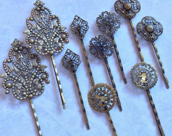 mixed 10 pcs Filigree Bobby Pin Blanks,,,Antique Bronze Flower Hair Pins , brass hair clip ,Hair Clip , perfect for resin cabochon.