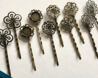 mixed 10 pcs Filigree Bobby Pin Blanks, Antique Bronze Flower Hair Pins ,brass hair clip, hair slides, hair Clip,perfect for resin cabochon.