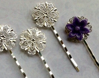 10 pcs Filigree Bobby Pin Blanks,Silver Flower Hair Pins,hair slide,silver hair pin,silver hair clip,Hair Clip, perfect for resin cabochon.