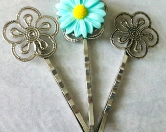 5 pcs Filigree Bobby Pin Blanks,,,Antique Silver , Flower Hair Pins , Hair Clip , perfect for resin cabochon.