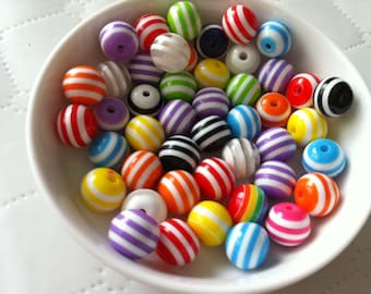 16 inch strand ( 41 pcs ) 12 mm Mixed Striped Gumball Beads, mixed round Bead , mixed Acrylic Bead, BubbleGum  Bead,  perfect for necklace