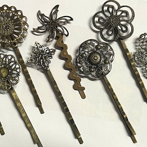 mixed 10 pcs Filigree Bobby Pin Blanks,Antique Bronze Flower Hair Pins,brass hair clip,Hair Clip,mixed hair slide,brass hair pin,hair pin zdjęcie 1