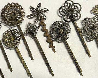 mezclado 10 piezas Filigree Bobby Pin Blanks, pasadores de pelo de flor de bronce antiguo, clip de pelo de latón, clip de pelo, diapositiva de pelo mixto, pasador de pelo de latón, pasador de pelo