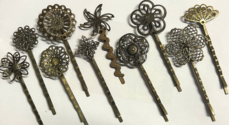 mixed 10 pcs Filigree Bobby Pin Blanks,Antique Bronze Flower Hair Pins,brass hair clip,Hair Clip,mixed hair slide,brass hair pin,hair pin zdjęcie 1