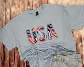 USA Shirt - 4th of July Shirt - USA Pride Shirt - America Shirt - Embroidered USA Shirt - Patriotic Tee- Lace Detail Trim - Stars & Stripes