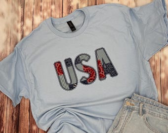 USA Shirt - 4th of July Shirt - USA Pride Shirt - America Shirt - Embroidered USA Shirt - Patriotic Tee- Lace Detail Trim - Stars & Stripes