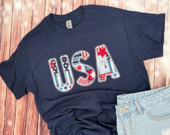 USA Shirt - 4th of July Shirt - USA Pride Shirt - America Shirt - Embroidered USA Shirt - Patriotic Tee- Lace Detail Trim - Stars & Stripes