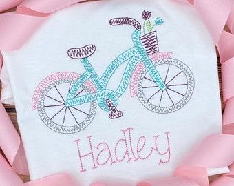Girls Bicycle Shirt / Girl Bike Shirt / Toddler Girls Bicycle Shirt / Toddler Girls Bike Shirt / Bicycle Shirt / Sketch Embroidery