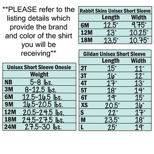 Puede incluir: Un gr&aacute;fico que muestra las tallas y los pesos para los monos y camisetas unisex de manga corta. El gr&aacute;fico incluye tallas desde reci&eacute;n nacido hasta 24 meses y tallas 2T a L. El gr&aacute;fico tambi&eacute;n incluye rangos de peso para cada talla.