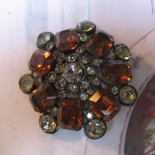 SALE Large Vintage Button, Vintage Rhinestones on dark bronze setting, Dark Amber and grey silvery clear stones