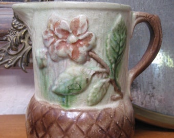 Vintage Medium size Majolica Pitcher, Rustic ceramic Pottery, pink Floral on light wood paneling with lattice base