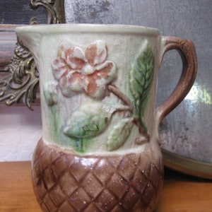 Vintage Medium size Majolica Pitcher, Rustic ceramic Pottery, pink Floral on light wood paneling with lattice base