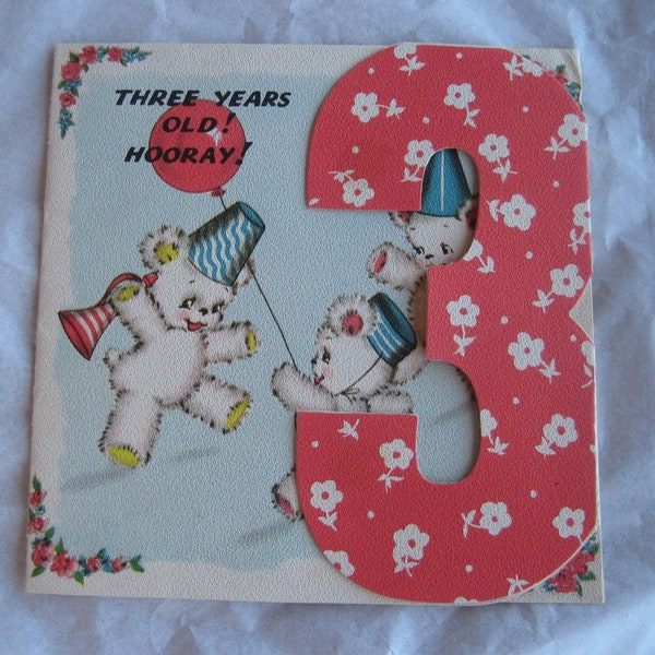 Vintage 3rd Birthday Card , 1940's, Birthday Greetings, Partying teddy bears with balloons and party hats, to Donnie, Hallmark card