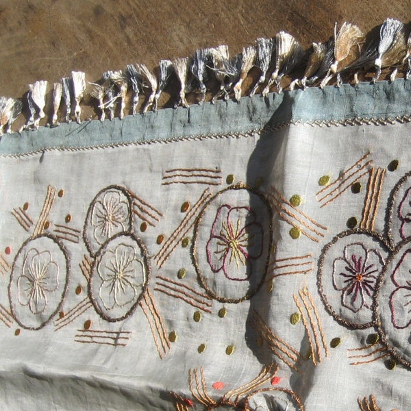SALE, Vintage embroidered buffet or sideboard runner, Silk organza with silk tassles, Seafoam green