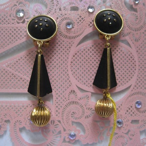clip on, black cabochon and brass, Mid Century Vintage earrings, Made in West Germany