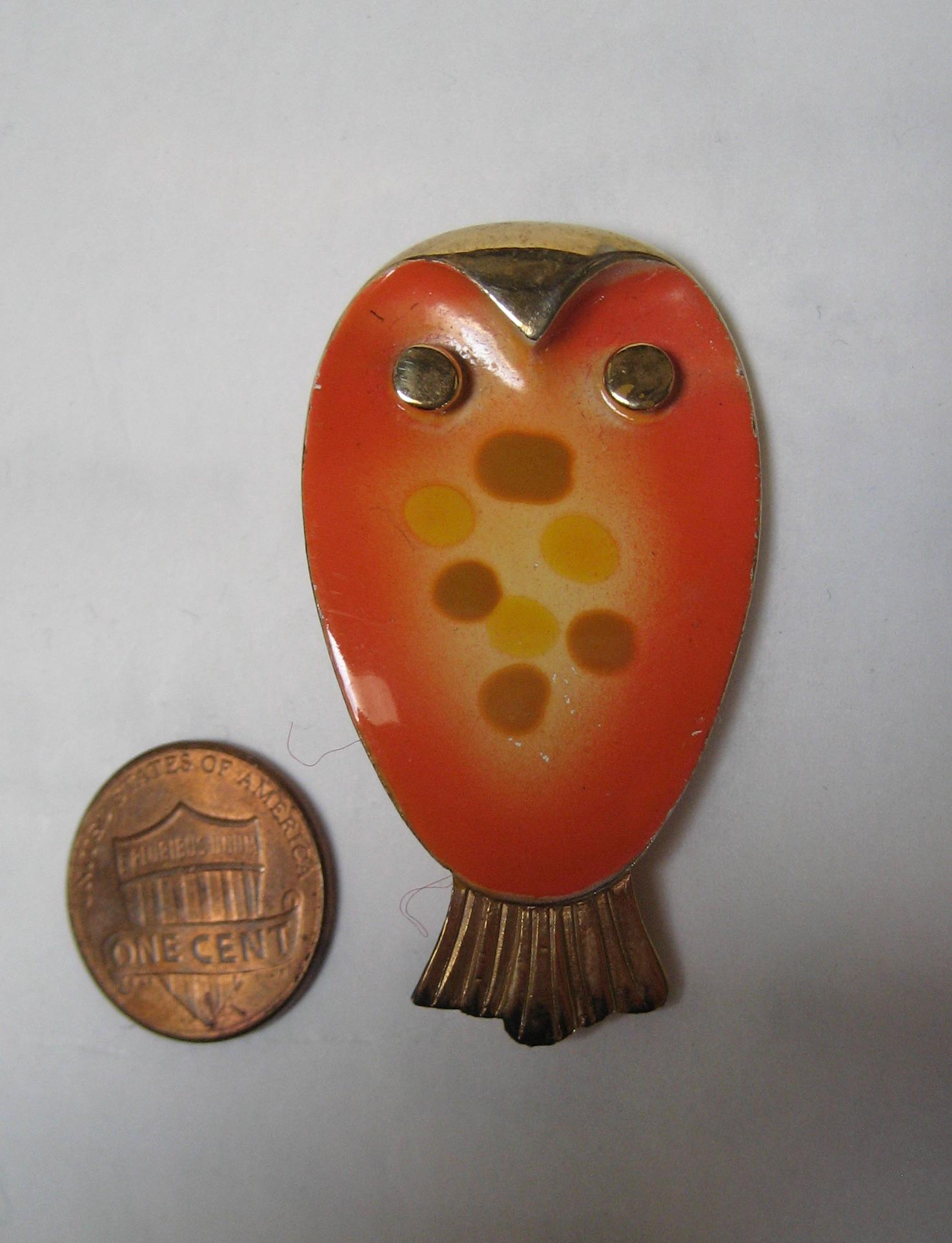 Vintage Owl Pin Brooch, Cute Orange Enameled Spotted Owl with brass accents MCM bird pin, 1 7/8&quot