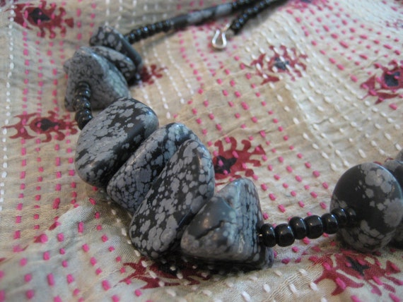 Snowflake Obsidian stone and Bead Necklace, Black… - image 2