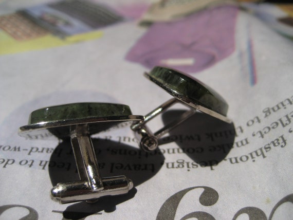 Vintage Cuff Links, Silver triangles with Green m… - image 7