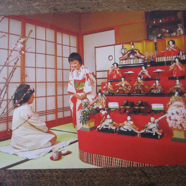 Large Vintage photo Postcard from Japan, The Doll Festival in Japan, with 2 women in traditional clothing, Nippon Beauty Colour Inc