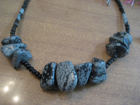 Snowflake Obsidian stone and Bead Necklace, Black… - image 1