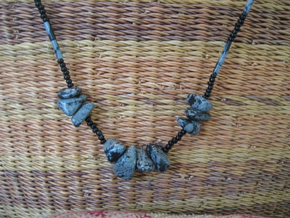 Snowflake Obsidian stone and Bead Necklace, Black… - image 5