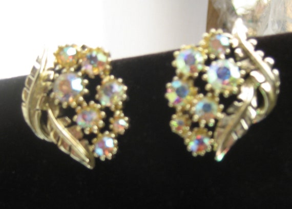 AB Rhinestone Clip On earrings, Light gold tone a… - image 3