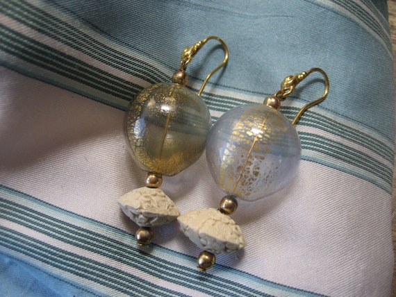 Large Hollow Gold Leaf Murano Glass bead earrings… - image 1