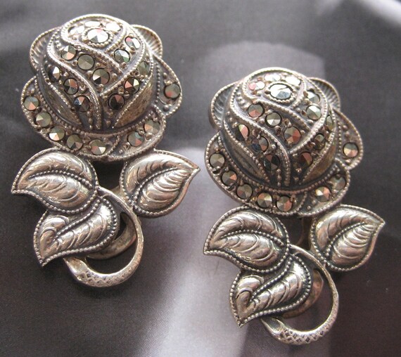Shoe or Dress Clips, Vintage Sterling and Marcasite Rose Clips
