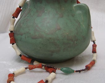 Carved White and Red Coral bead Necklace with Green Glass Accent Bead